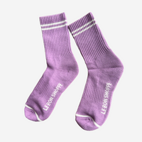 Pair of purple socks with white stripes