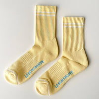 womens butter yellow socks with white stripes