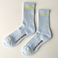 pastel blue womens socks with butter yellow stripes