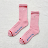 Pink socks with red stripes and white embroidered hearts