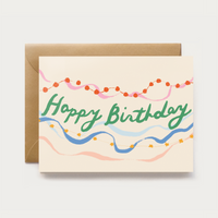 Birthday card with 'Happy Birthday' text and colorful streamers