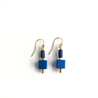 Indigo cube earrings with gold accents
