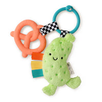 Colorful baby teething toy with a plush pickle and orange pretzel teether