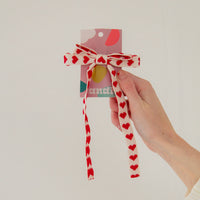 knit bow barrette with red hearts