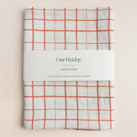crimson red grid holiday linen tea towel