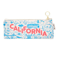 pencil pouch with california in red lettering and california imagery