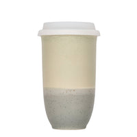 light sage green and light grey ceramic travel mug