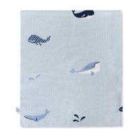 organic cotton knit baby blanket with a whale pattern