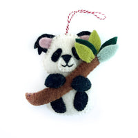 felt wool panda bear ornament holding a bamboo