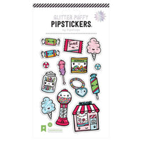 sheet of glitter puffy stickers with candy-themed designs
