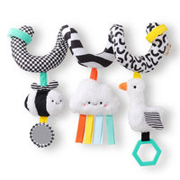 spiral car activity toy for babies with dangling plush toys and mirrors