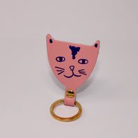 Pink cat-shaped leather keychain