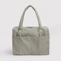 sage green and white striped carry-on bag