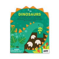 Coloring book and stickers set with dinosaur design on a green background