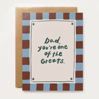 a bold checkered card with "dad you're one of the greats" text