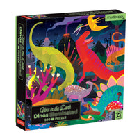 Glow-in-the-dark dinosaur puzzle packaging with colorful dinosaurs on a dark background