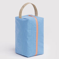 blue peach and tan color block cosmetic bag