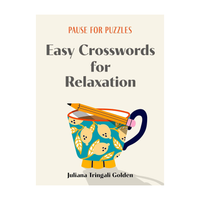 Book cover of 'Easy Crosswords for Relaxation' with a cup and pencil illustration on a beige background.