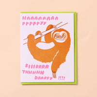 a card with a sloth that says happy birthday