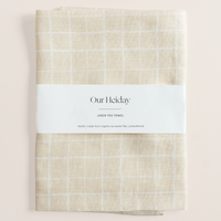 tan Linen tea towel with loose grid pattern