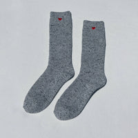 wool blend grey socks with a red embroidered heart