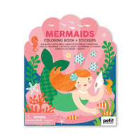 Mermaids coloring book and stickers set with a pink and blue design on a white background