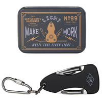 pocket multitool with flashlight in an illustrated tin