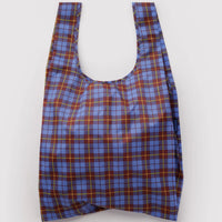 reusable bag blue red and yellow plaid pattern