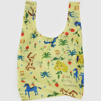 Light yellow reusable bag with colorful animal illustrations