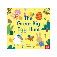 Book cover of 'The Great Big Egg Hunt' with colorful illustrations on a yellow background