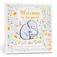 Book titled 'Welcome to the world' with illustrations of elephants and flowers on a white background