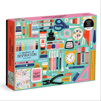 Jigsaw puzzle box with colorful illustrations of stationery items on a white background