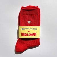 Embroidered Her Socks - Classic Red + Heart