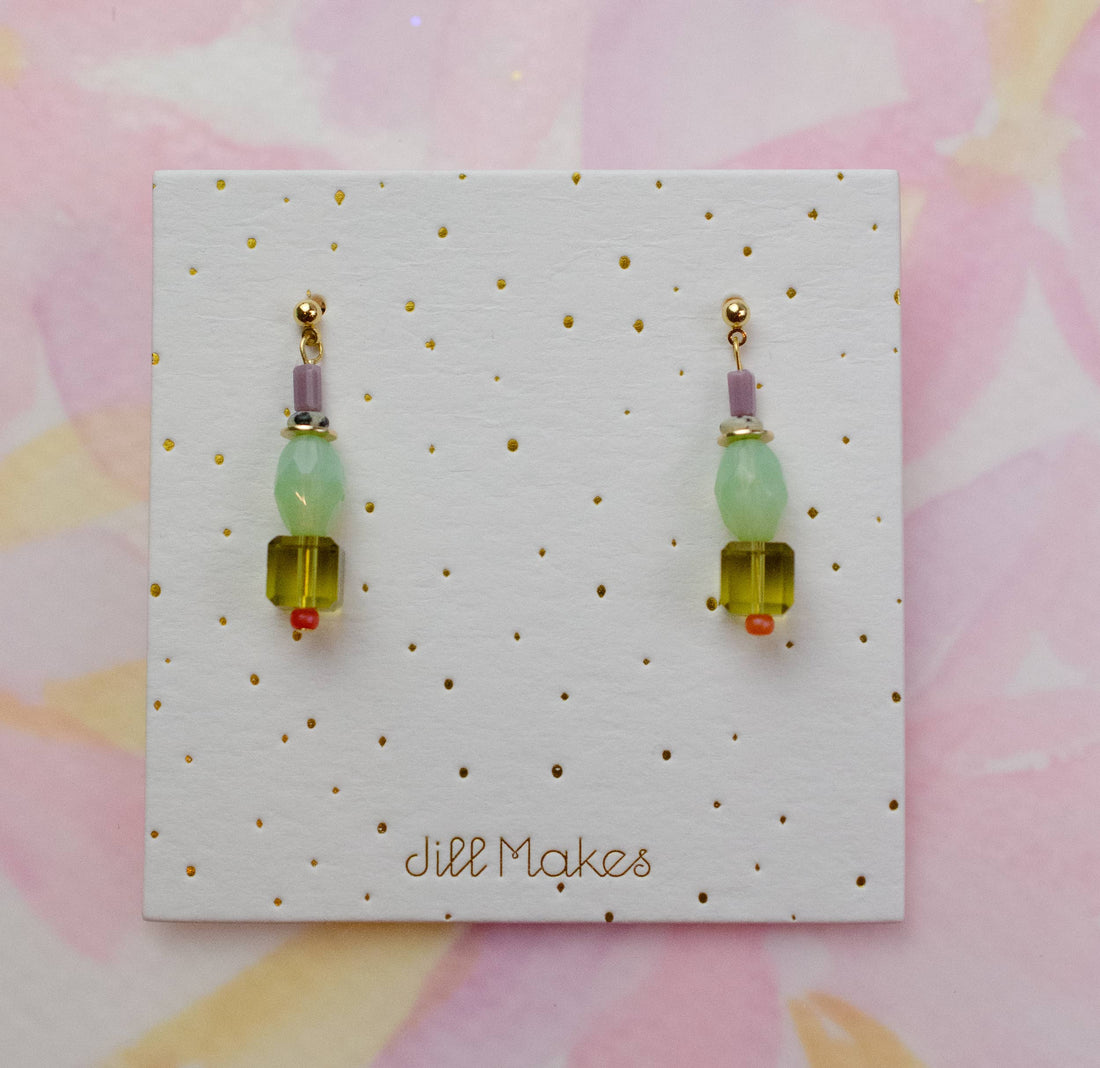 Green and Purple Beaded Dangle Earrings