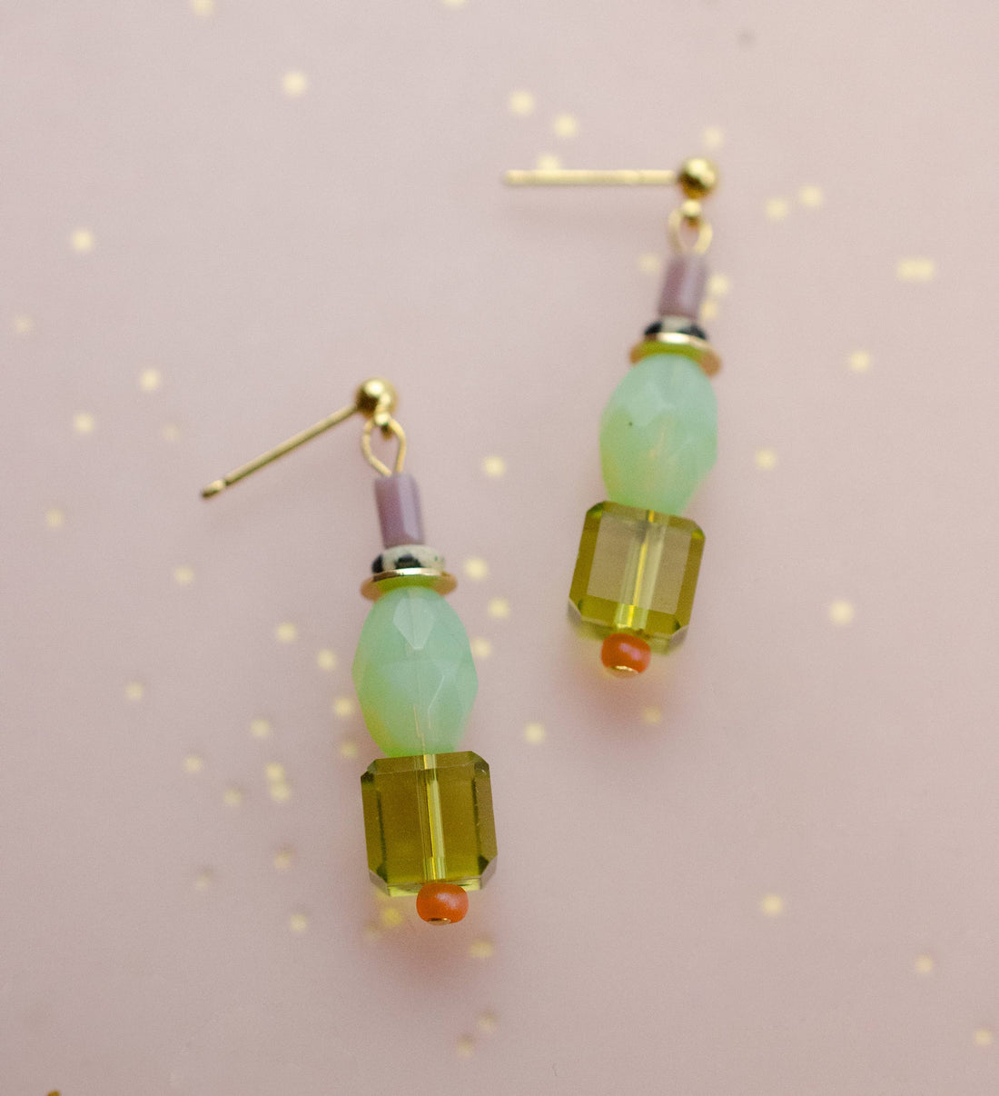 Green and Purple Beaded Dangle Earrings