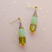 Green and Purple Beaded Dangle Earrings