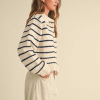 Navy Striped Button Down Knitted Cardigan