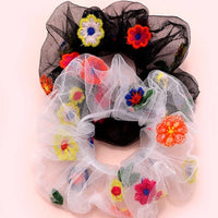 Flower Embroidery Scrunchie - Black