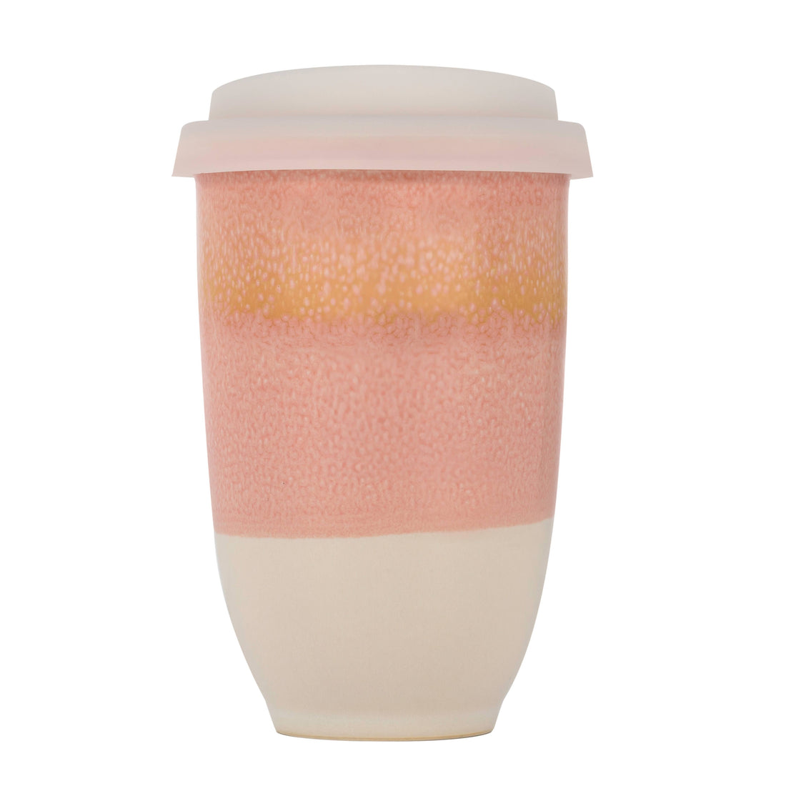 ceramic travel coffee cup with pink orange and beige design 