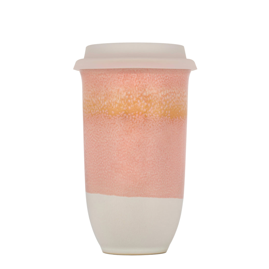 ceramic travelcoffee cup with pink orange and beige gradient design 