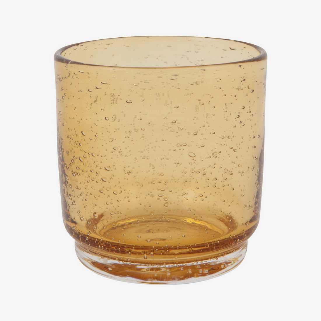 A small amber-colored glass tumbler with a textured, bubbly seersucker pattern