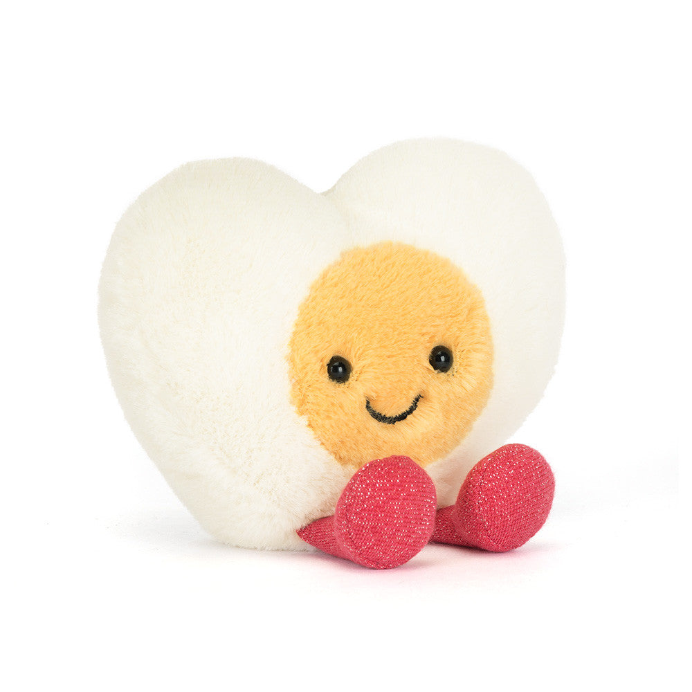 heart shaped boiled egg plush toy with pink sparkly feet jellycat
