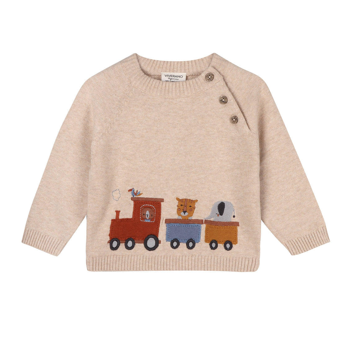 beige baby sweater with animals and a train