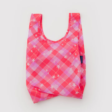 Reusable shopping bag with pink and purple checkered pattern and stars