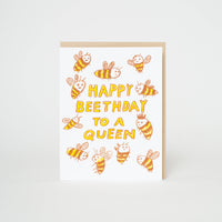 Greeting card with bees and 'Happy Birthday to a Queen' text 