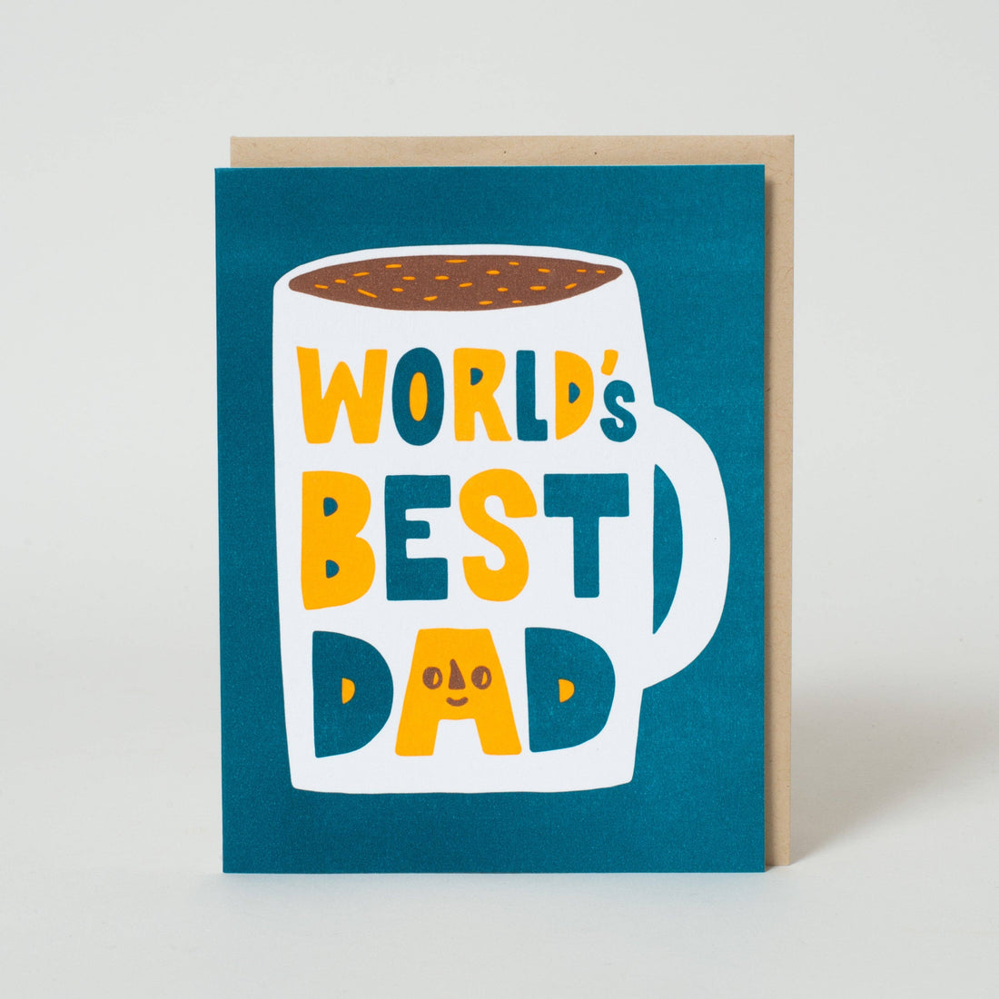 Greeting card with a mug illustration and 'World's Best Dad' text 