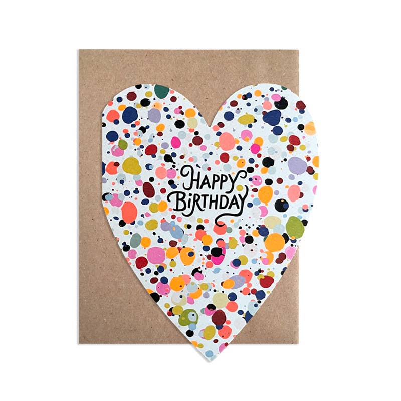 Heart-shaped birthday card with colorful polka dots and 'Happy Birthday' text 