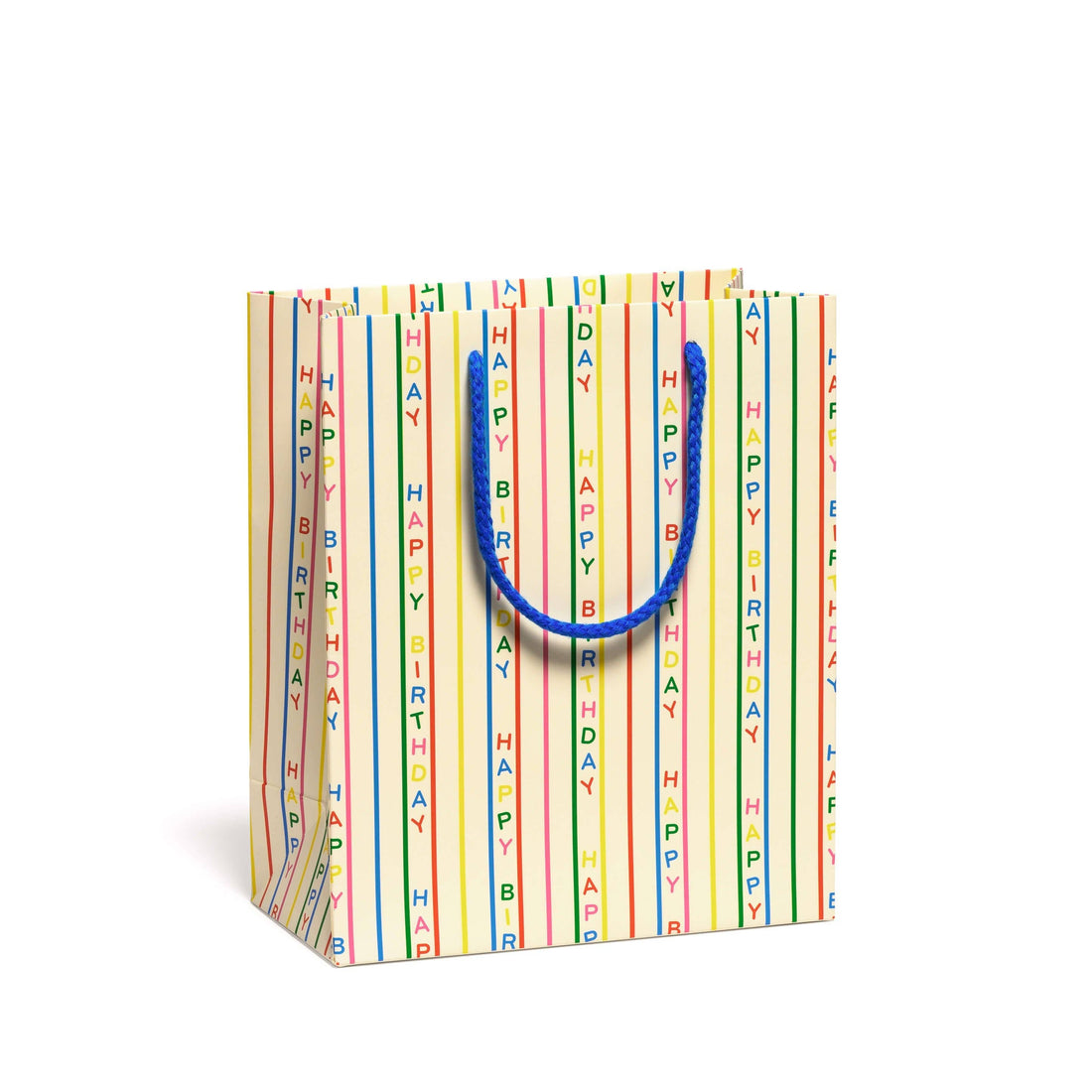 Gift bag with 'Happy Birthday' text in colorful stripes