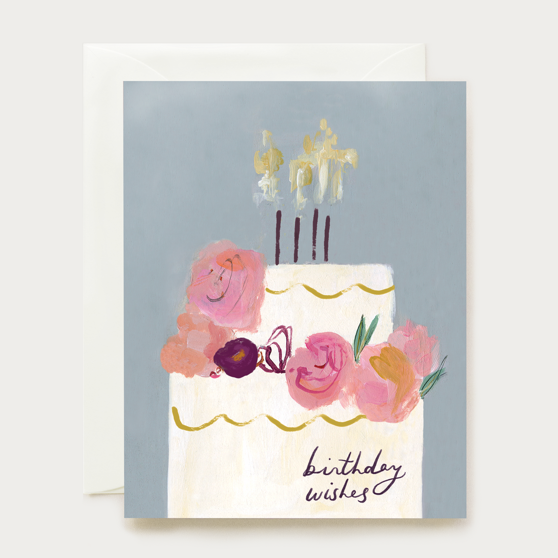 Greeting card with a birthday cake illustration and 'birthday wishes' text 
