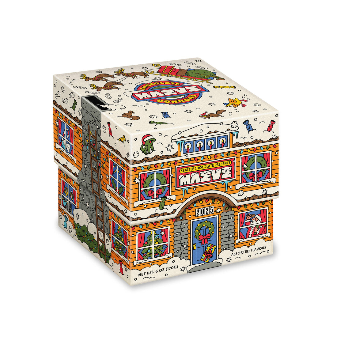 decorative candy box shaped like a house with santa on it  and various bonbon candy flavors 